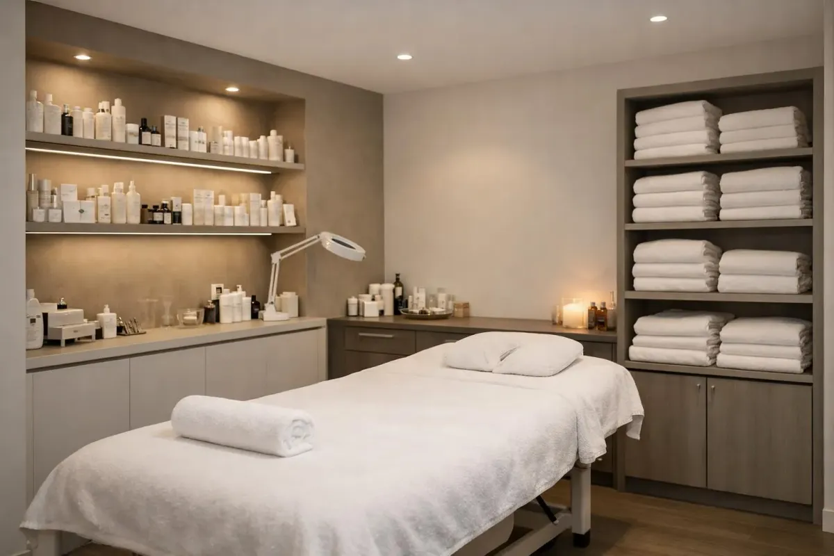 Intérieur lumineux d'un institut de beauté moderne à Martigny montrant des cabines de soins avec table de massage, produits cosmétiques professionnels rangés sur des étagères élégantes, serviettes blanches pliées et ambiance apaisante avec éclairage tamisé, sans aucun texte ni inscription visible