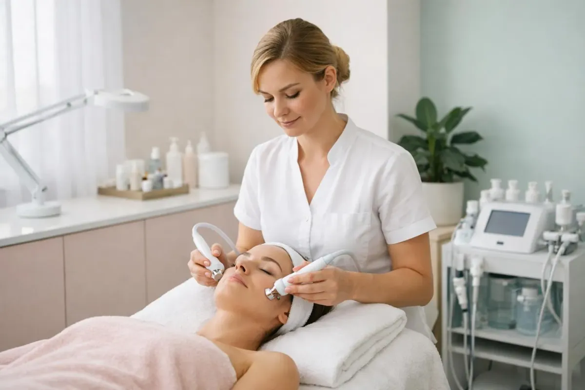 Professional beautician performing advanced facial treatment on client in modern treatment room with medical-grade equipment and elegant minimalist design, natural lighting highlighting the serene atmosphere