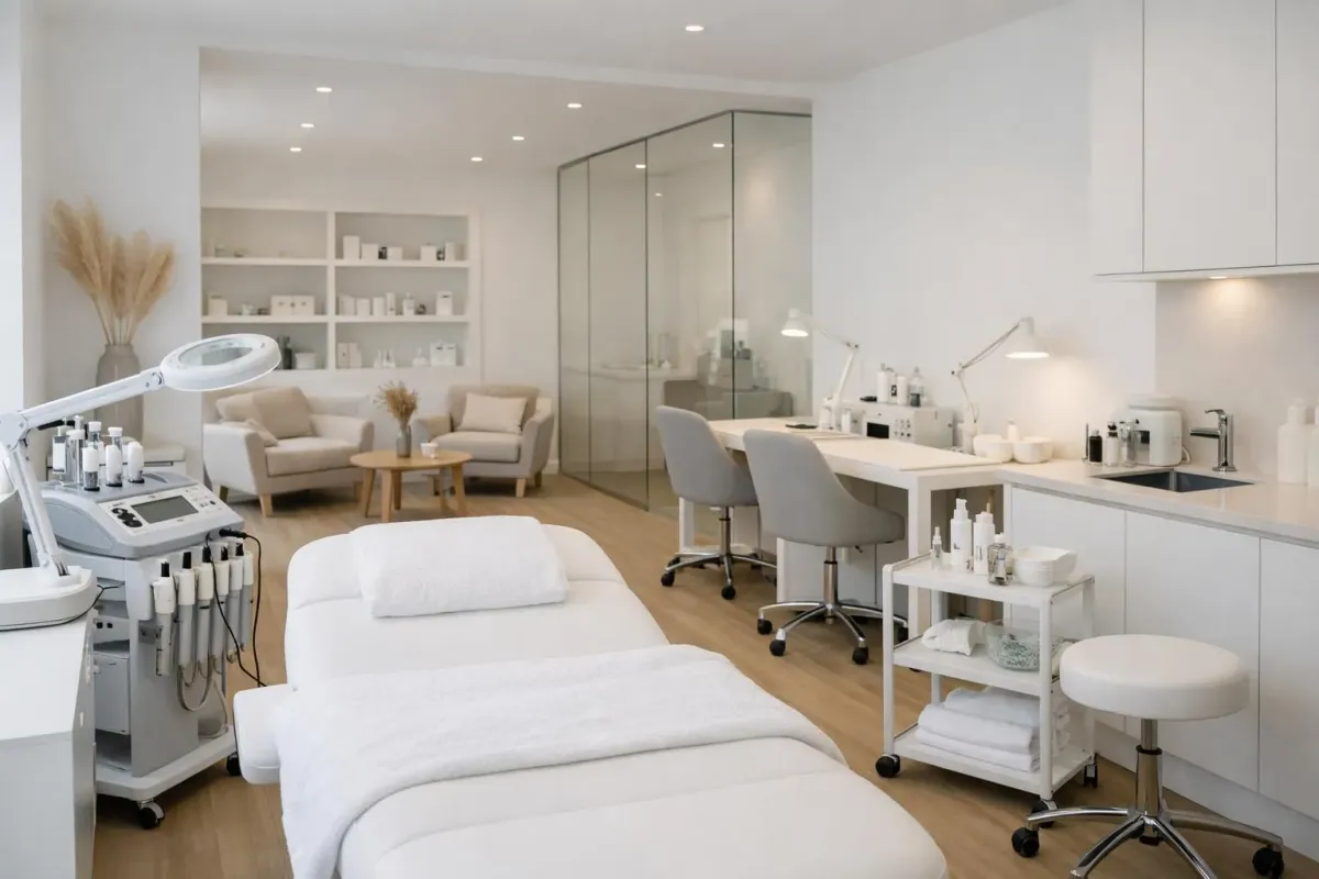 Professional beauty therapist performing facial treatment in elegant treatment room with natural light, modern equipment, and calming neutral tones in Lausanne beauty institute
