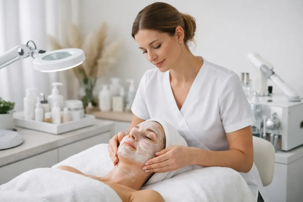 Esthéticienne diplômée prodiguant un soin du visage professionnel à une cliente détendue dans une cabine d'institut de beauté moderne avec équipements spécialisés et ambiance apaisante lumineuse