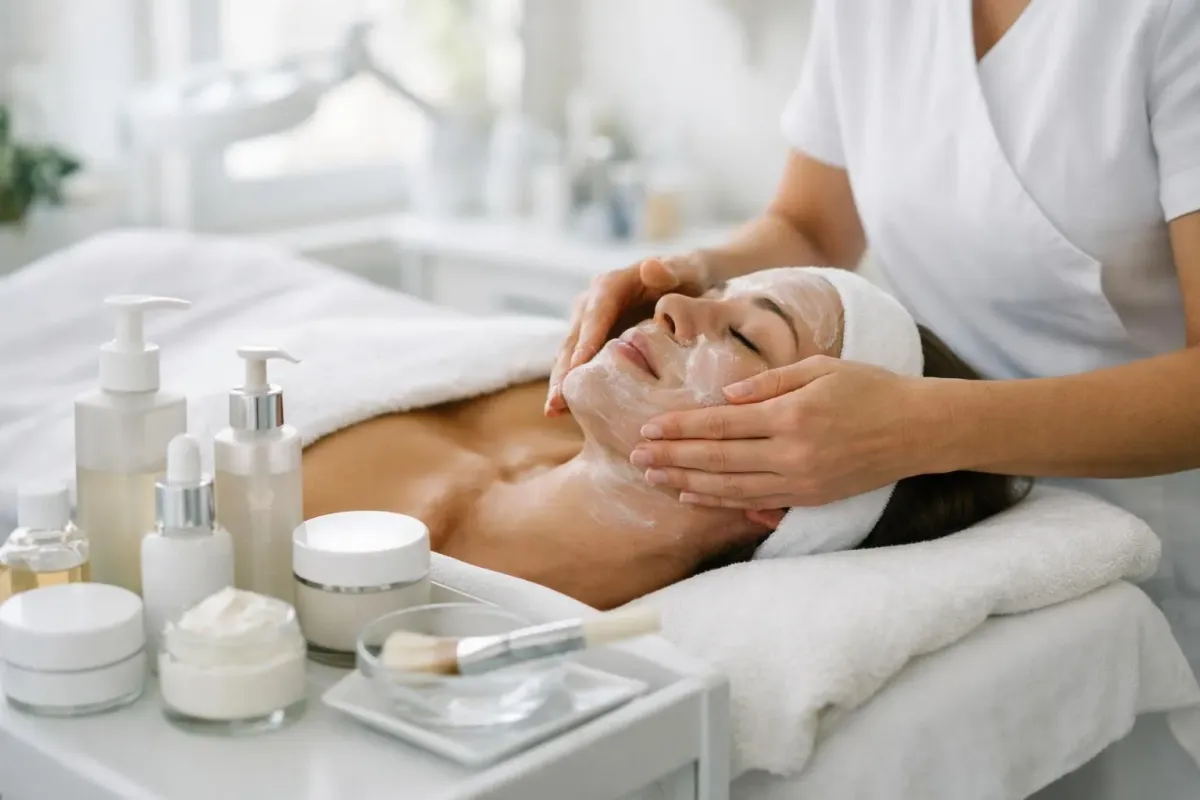 Esthéticienne qualifiée en blouse professionnelle effectuant un soin du visage sur une cliente dans un institut de beauté lumineux à Morges, avec des produits cosmétiques professionnels visibles sur une table de traitement