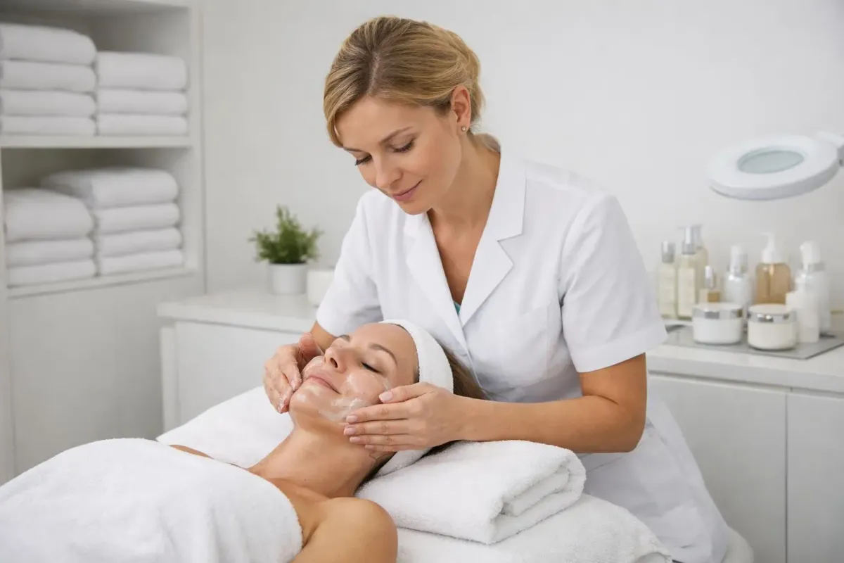 Esthéticienne professionnelle en blouse blanche effectuant un soin du visage sur une cliente allongée dans une cabine de soin épurée avec serviettes blanches roulées et produits de beauté haut de gamme, ambiance lumineuse et apaisante typique d'un institut de beauté moderne