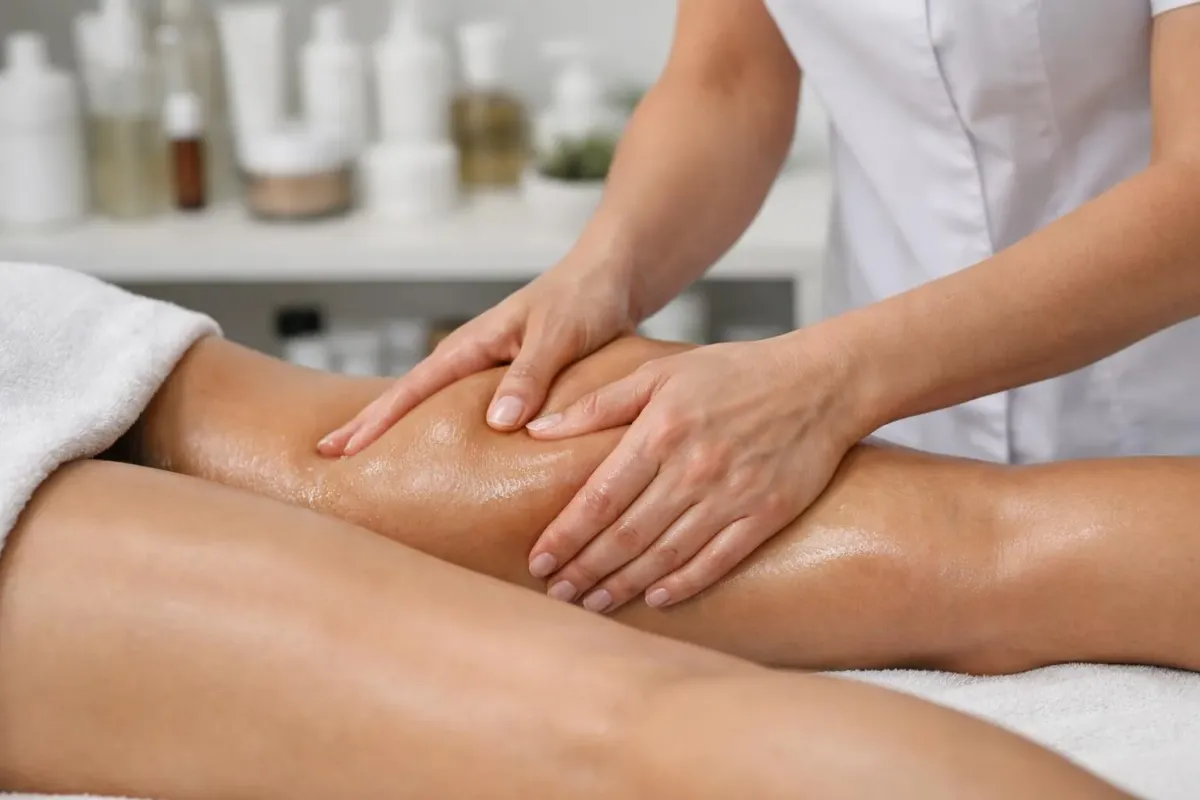 Massage thérapeutique des jambes d'une personne allongée sur une table de massage.