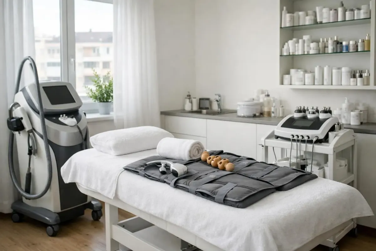 Salle de soins esthétiques avec équipement médical et produits cosmétiques.