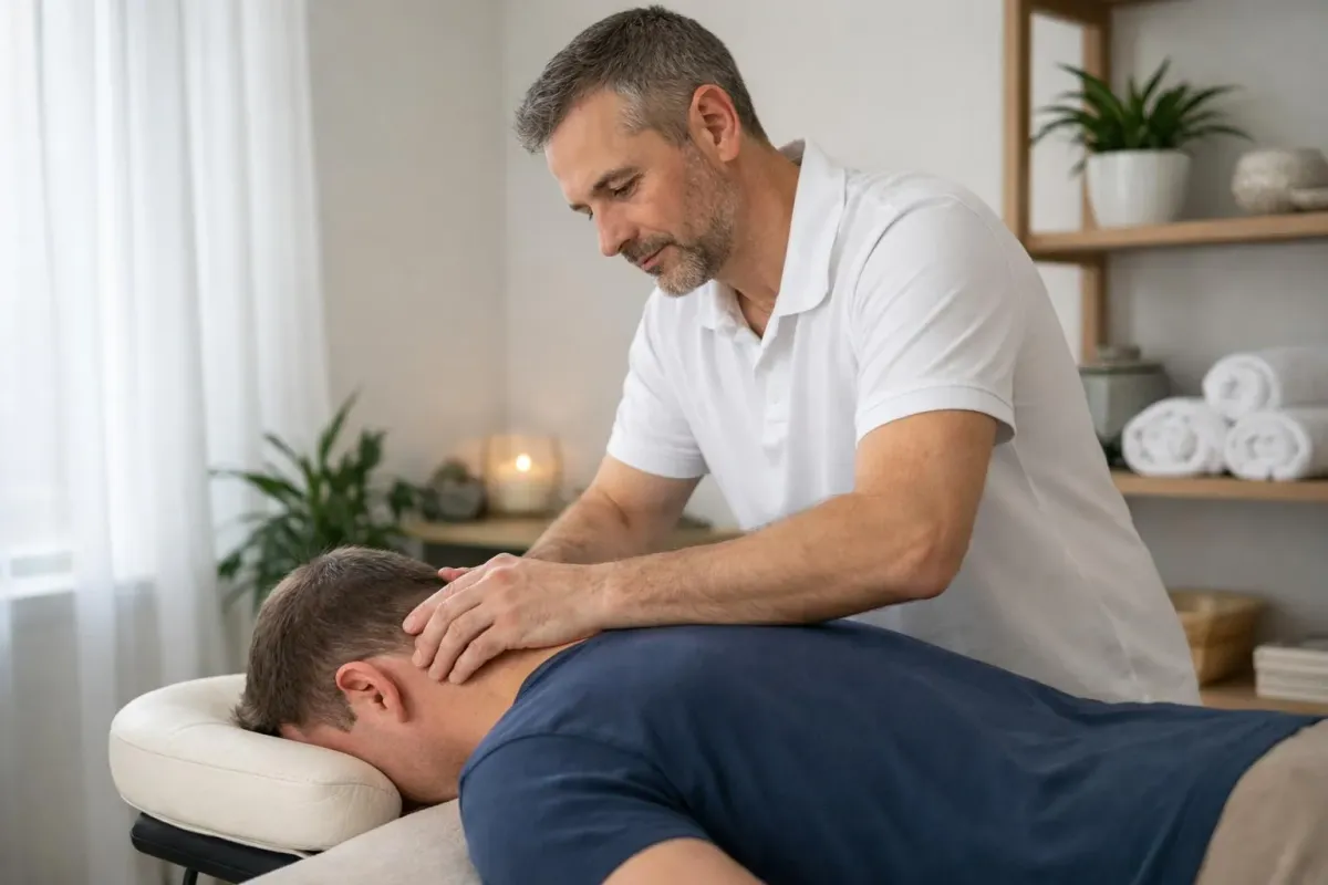 Homme massant le dos d'un patient allongé sur une table de massage.