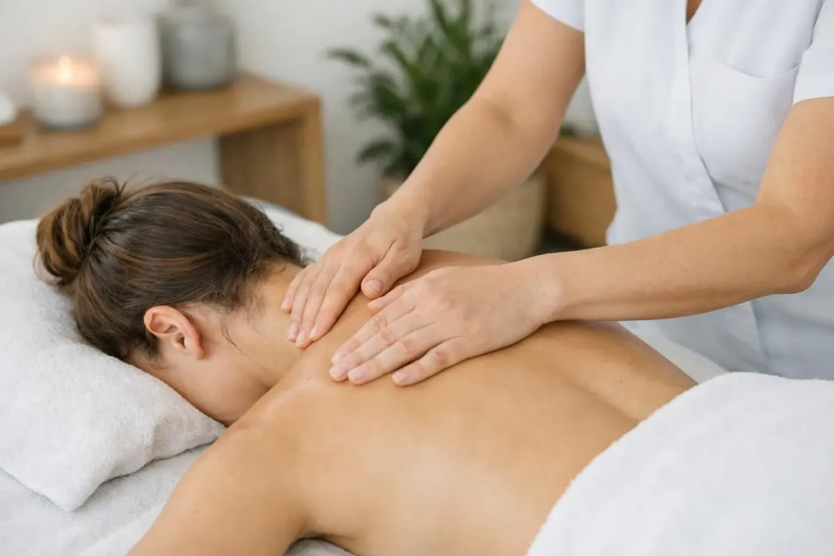 Massage thérapeutique sur une femme allongée sur une table de massage.