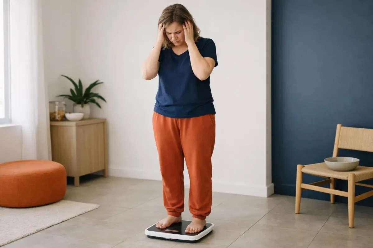 Femme stressée debout sur une balance dans un intérieur moderne.