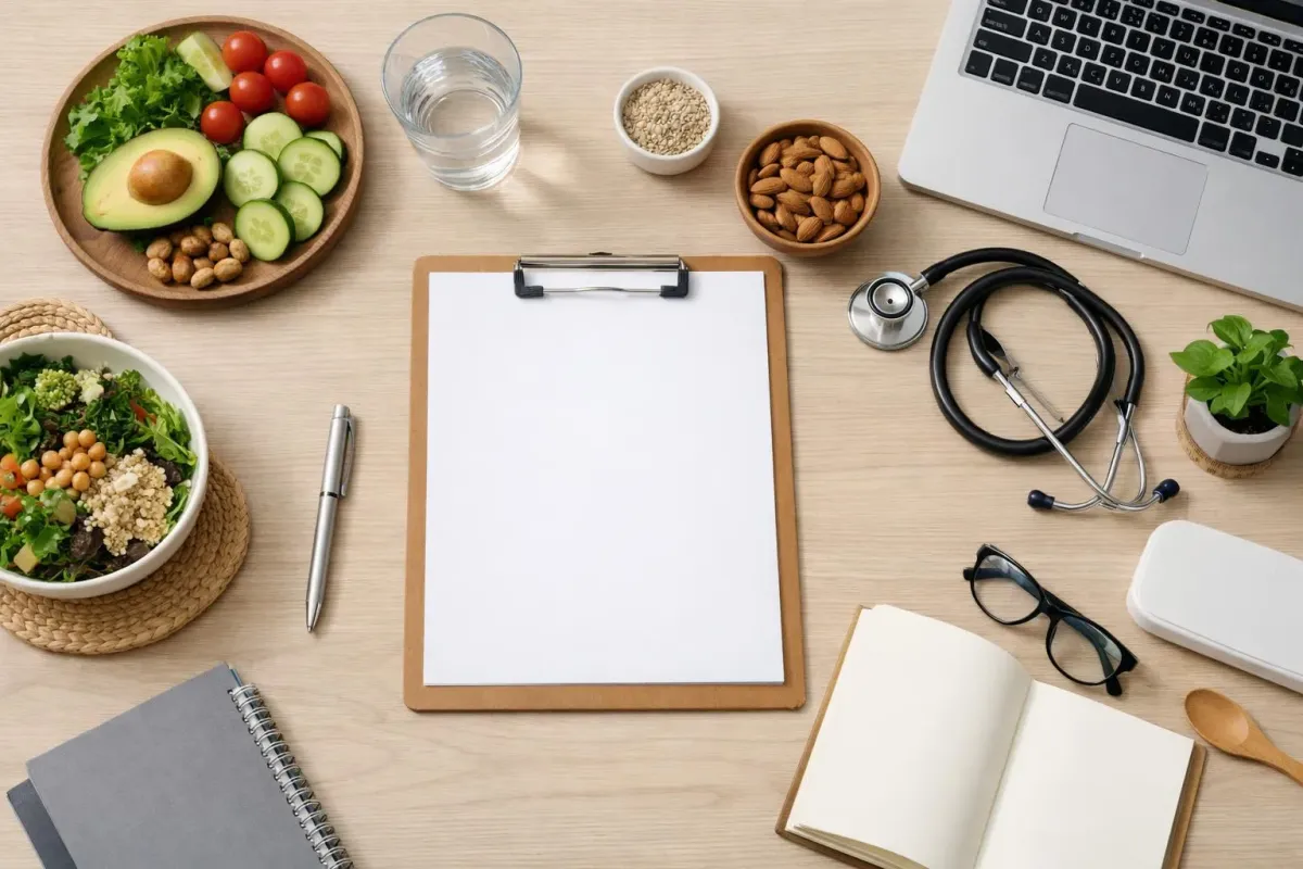 Bureau de travail avec aliments sains, ordinateur portable et matériel médical.