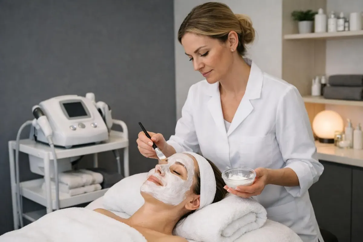 Une femme en blouse blanche applique un masque facial à une cliente allongée sur une table de traitement.