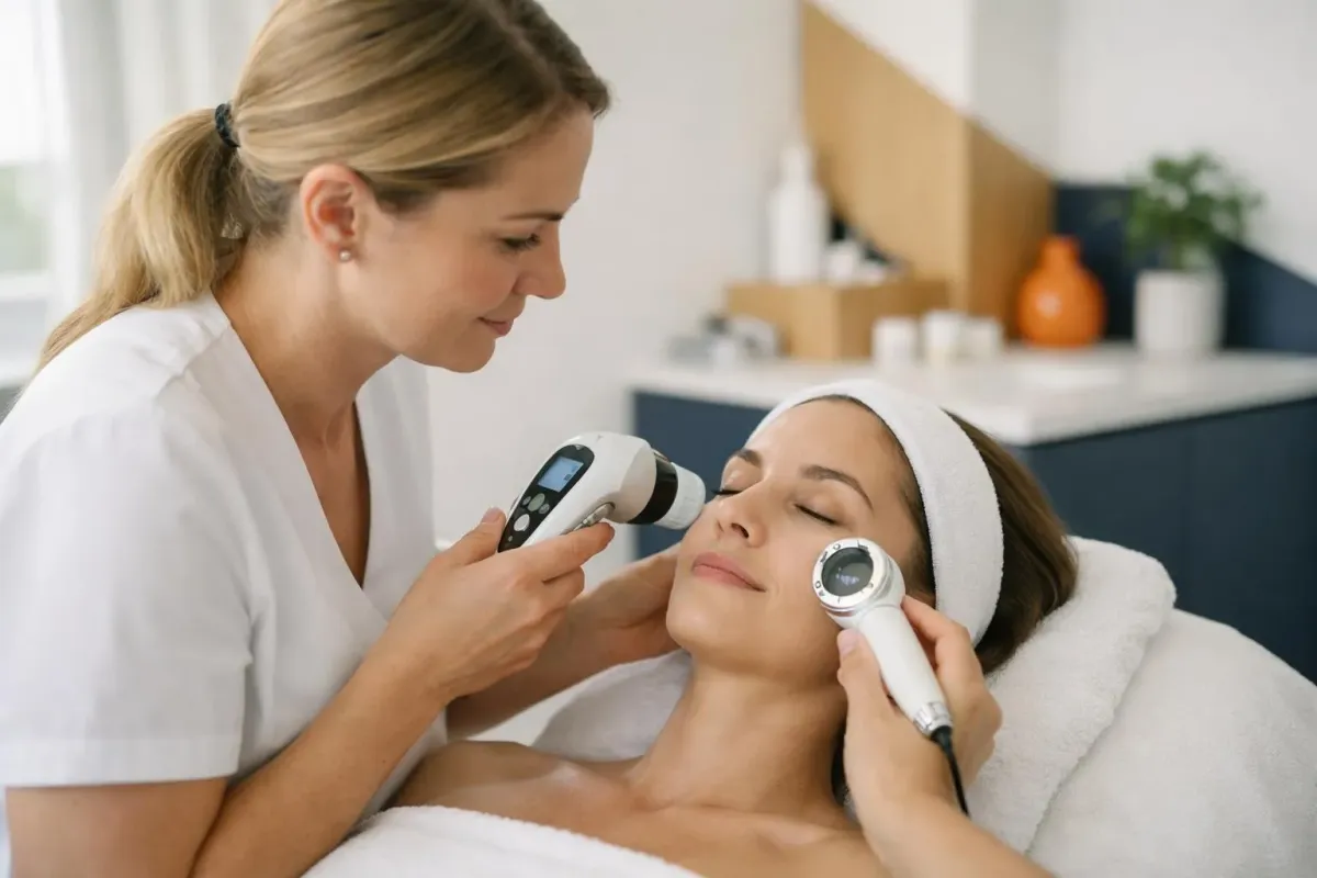 Femme recevant un traitement de beauté au visage dans un salon de spa.