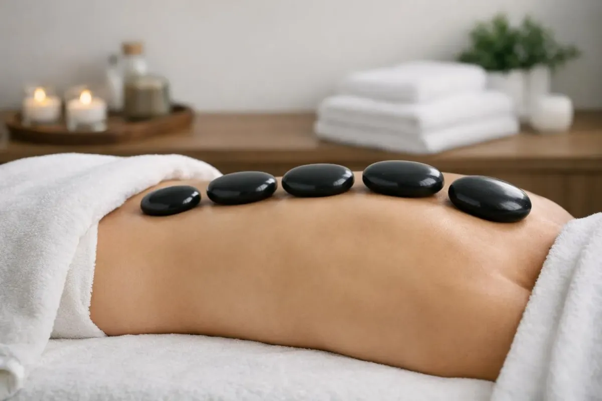 Pierres chaudes sur le dos d'une personne sur une table de massage.