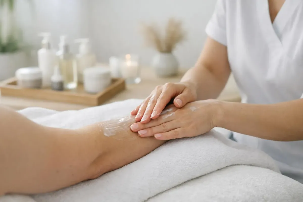 Massage des jambes avec crème hydratante dans un salon de beauté.