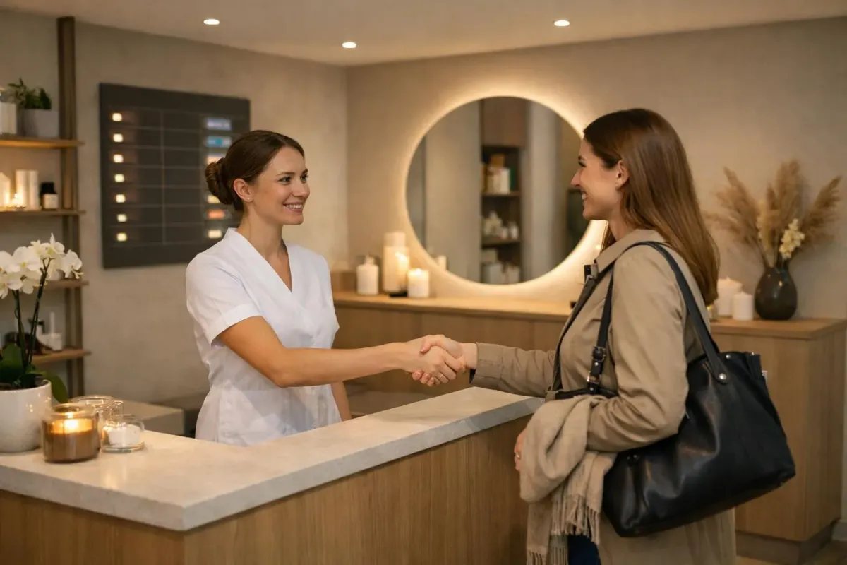 Deux femmes se serrant la main dans un salon de beauté accueillant.