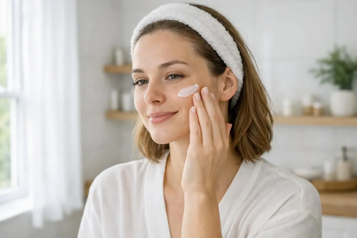 Femme appliquant une crème hydratante sur son visage.