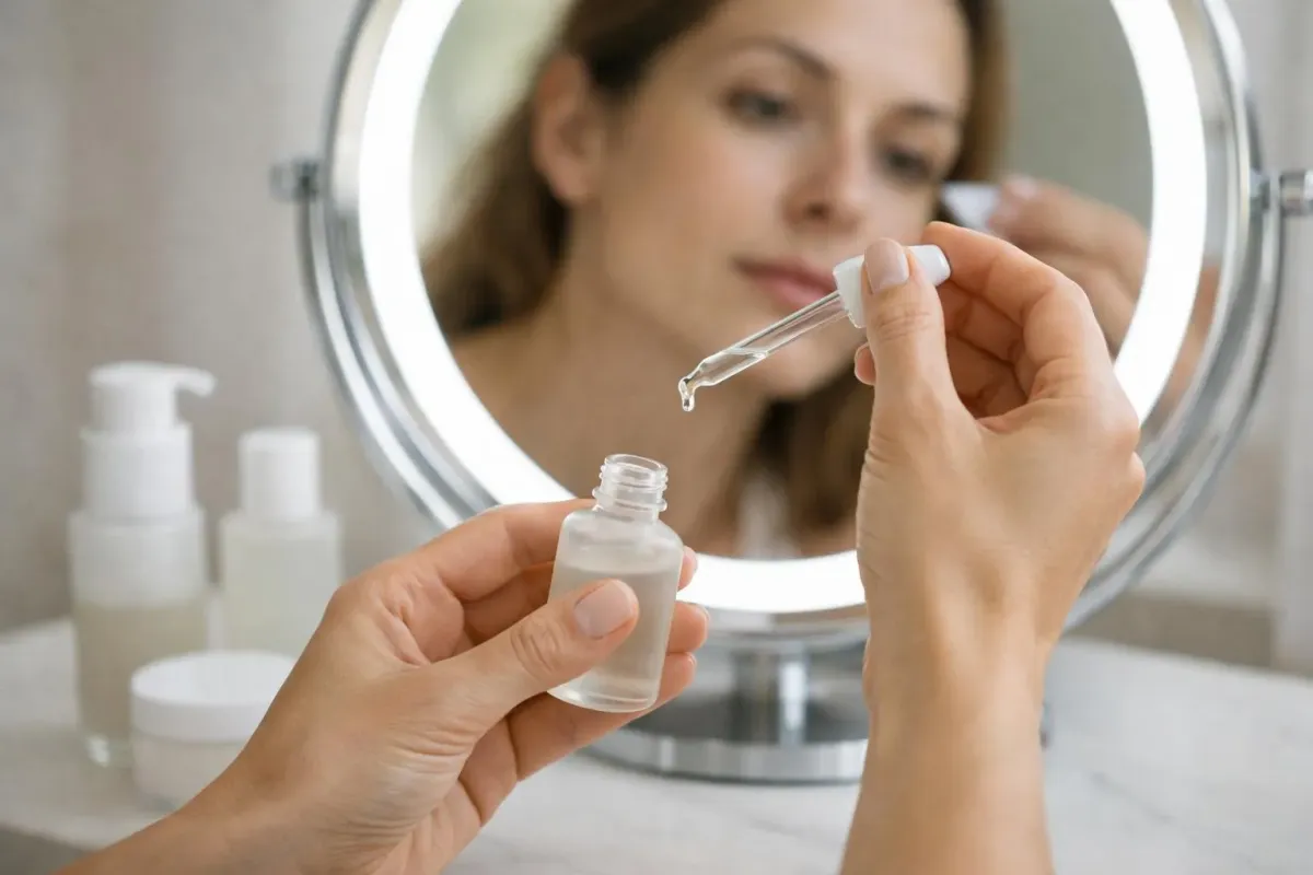 Femme appliquant un produit de soin sur son visage dans un miroir.
