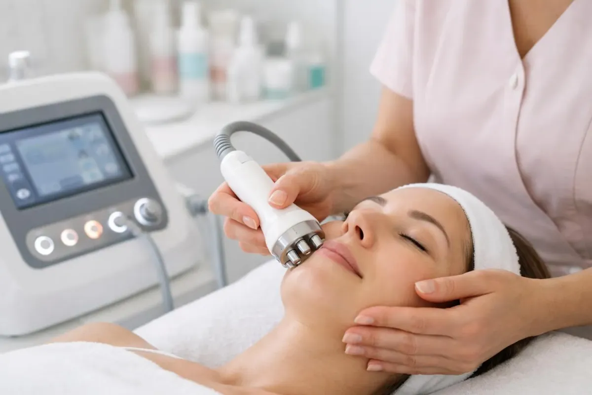 Femme recevant un traitement de soins de la peau dans un salon de beauté.