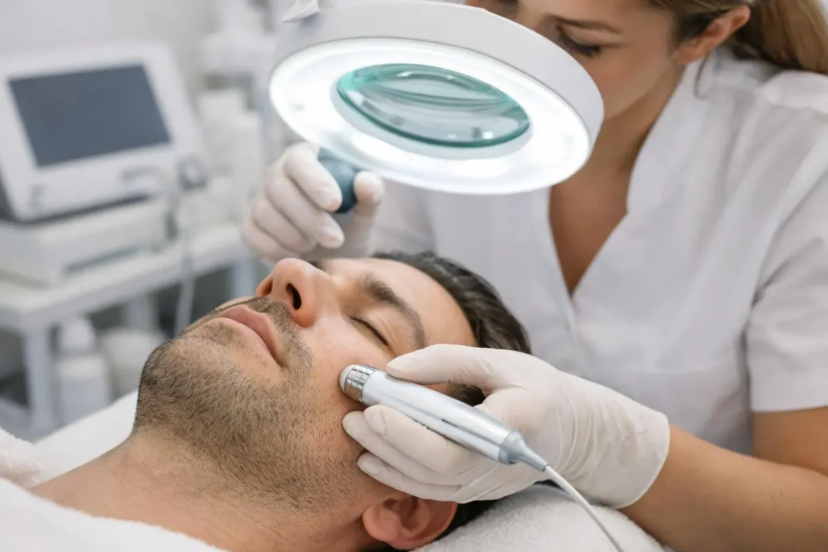 Un professionnel de la santé examine attentivement le visage d'un patient avec un appareil médical.