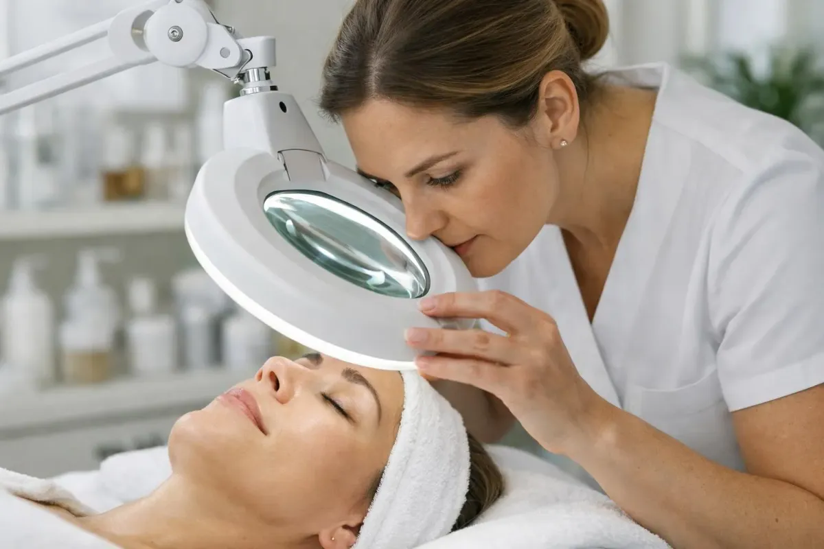 Femme recevant un traitement de soin de la peau dans un salon de beauté.