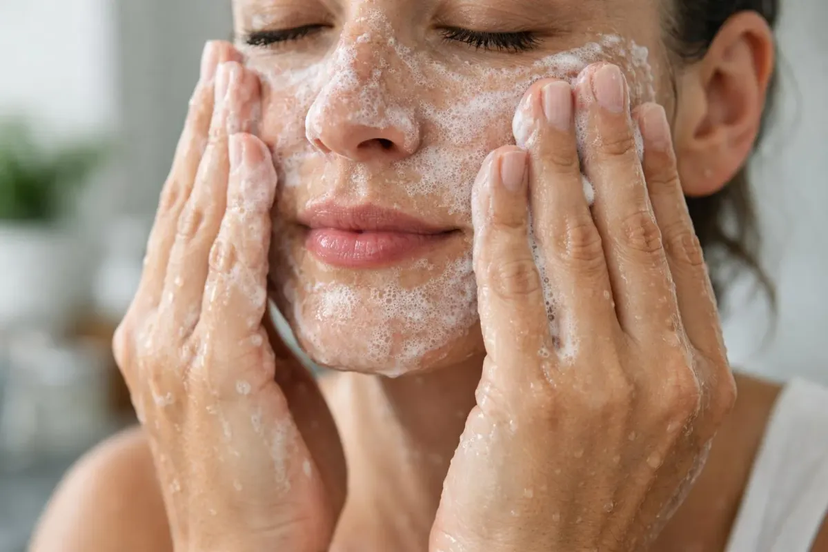 Visage féminin appliquant un masque exfoliant sur la peau.