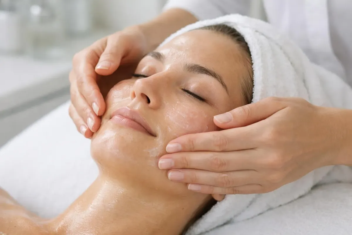 Femme recevant un massage facial relaxant dans un salon de beauté.