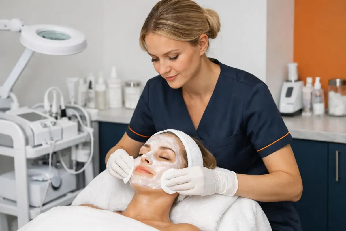 Femme recevant un traitement facial dans un salon de beauté.