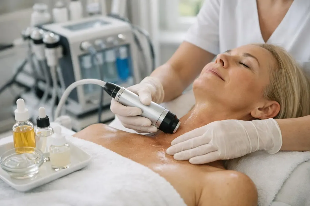 Femme recevant un traitement de soins de la peau dans un salon de beauté.