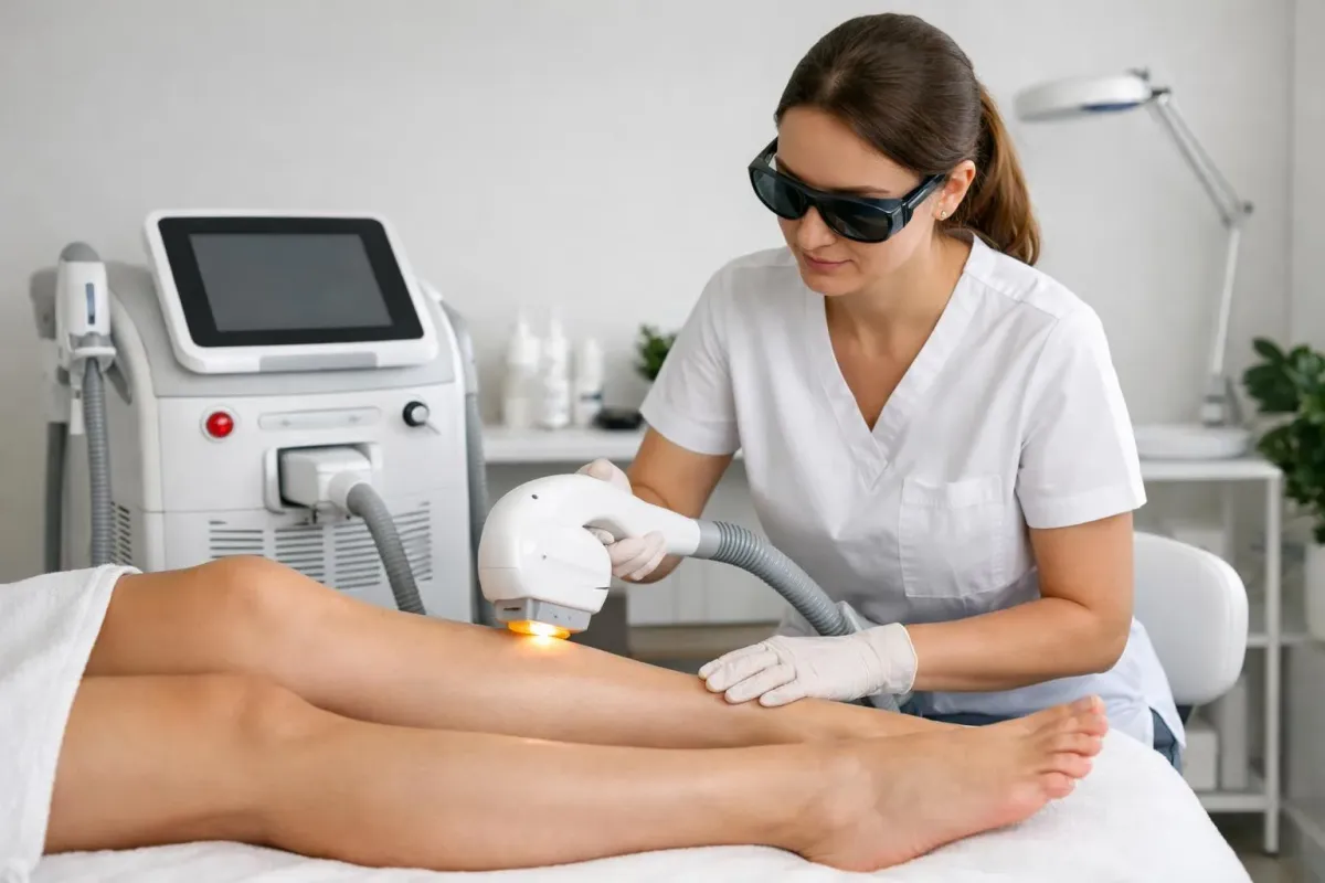 Une femme en blouse blanche utilise un appareil médical pour un traitement sur la jambe d'un patient.