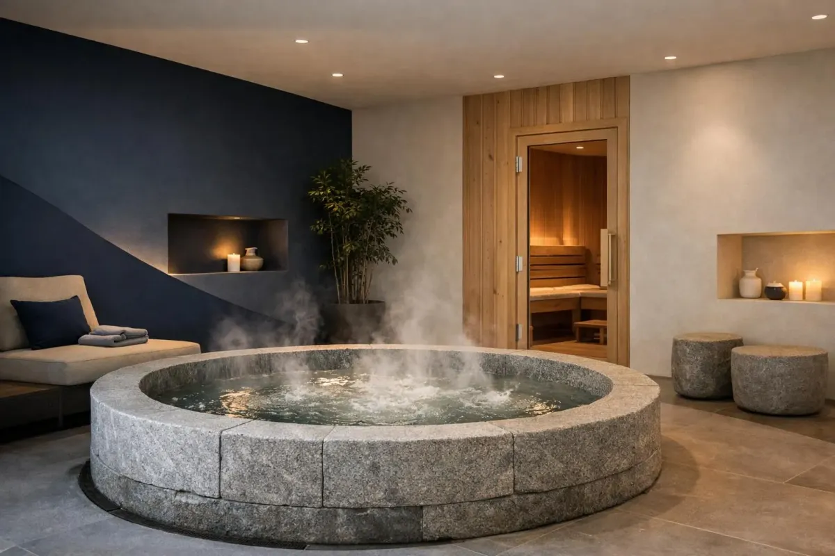 Salle de détente avec jacuzzi en pierre et sauna en bois.