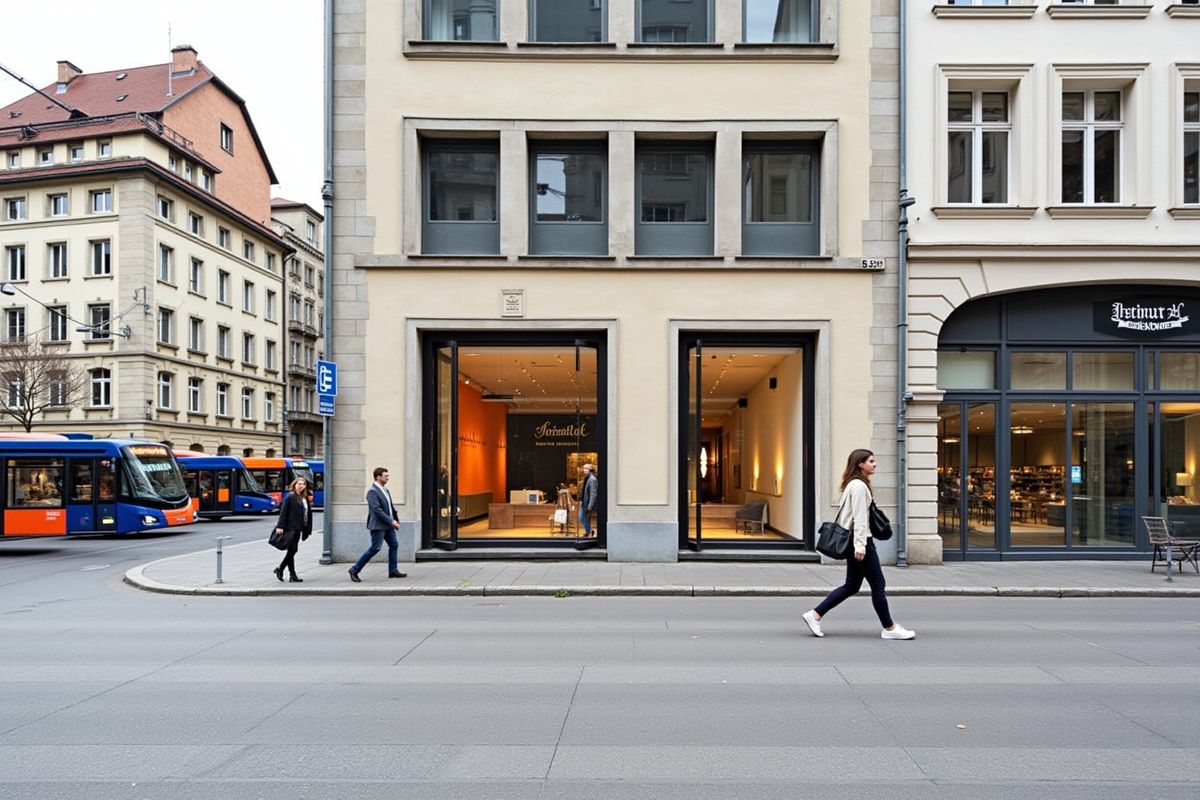 Bâtiments de style classique, passants dans la rue, vitrine d'un magasin, transports en commun.