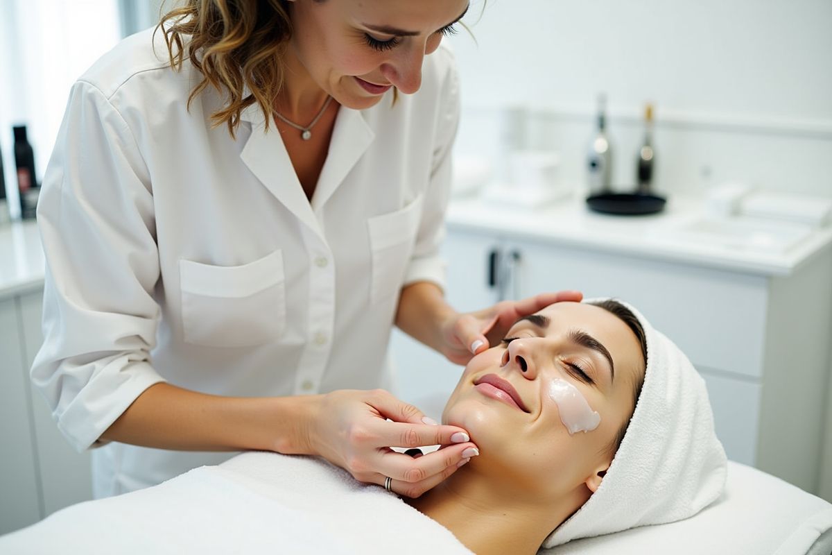 Femme recevant un traitement de soins de la peau dans un salon de beauté.