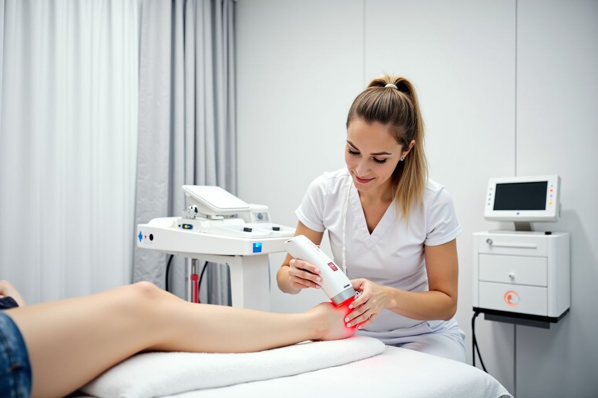 Femme en blouse blanche effectuant un traitement laser sur la jambe d'un patient.