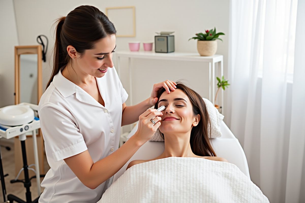 Femme appliquant un soin du visage à une cliente dans un salon de beauté.