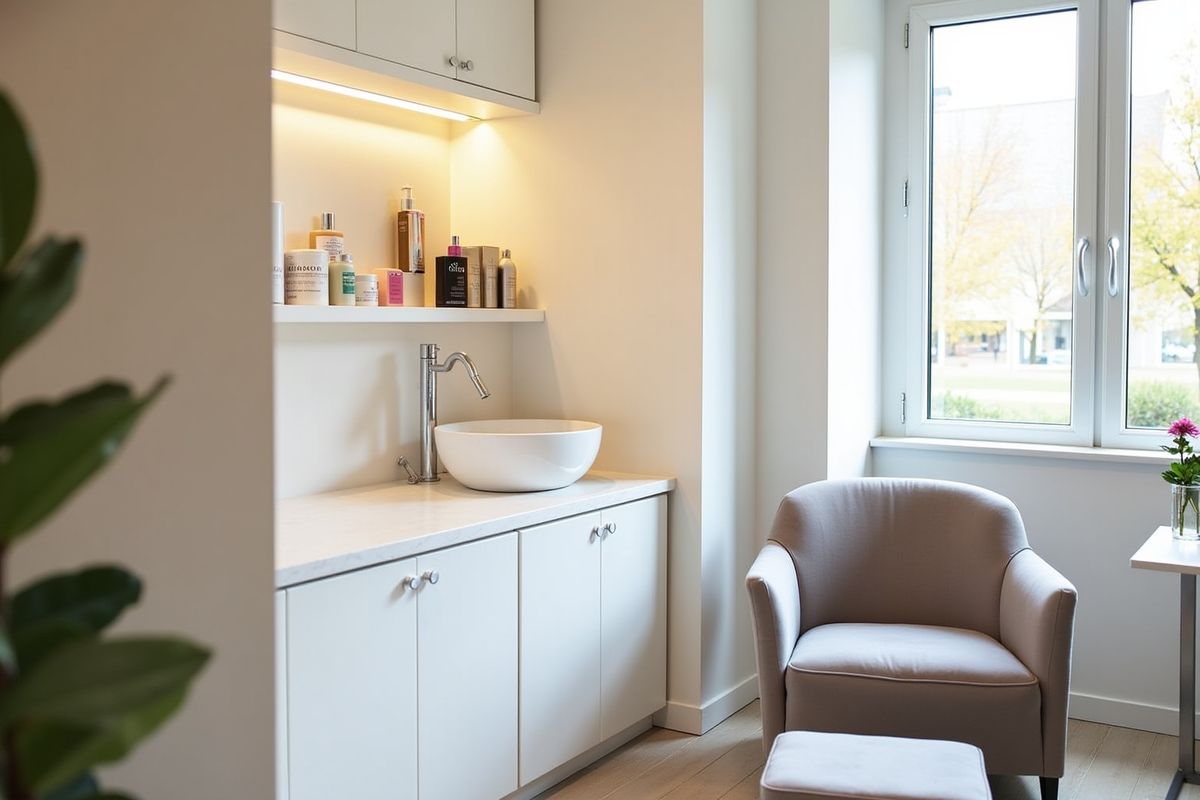 Salle de bain moderne avec étagère de produits de beauté, lavabo et fauteuil.