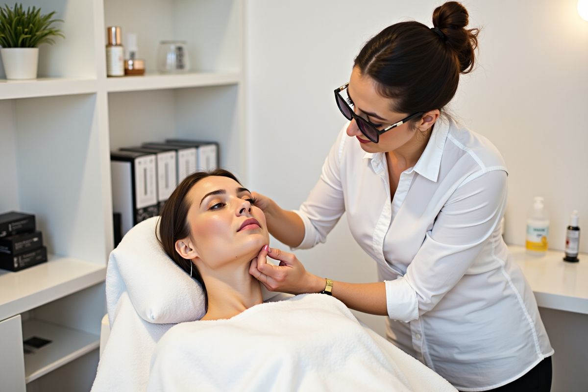 Esthéticienne examinant le visage d'une cliente allongée sur une table de soins.