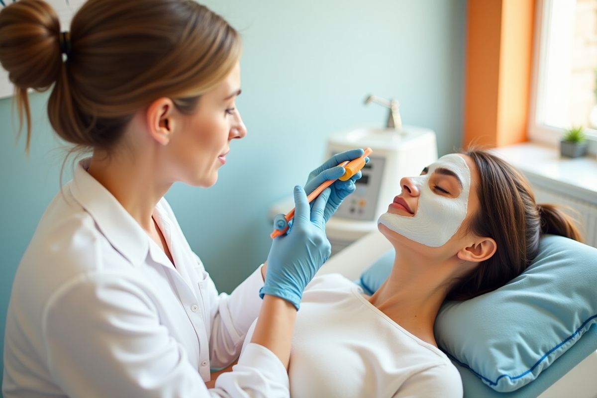 Femme en blouse blanche appliquant un masque facial à une cliente.