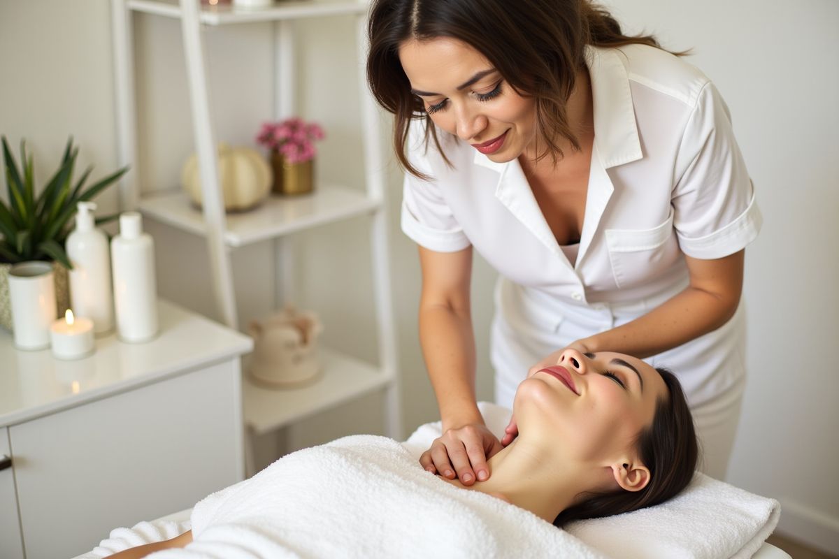Femme recevant un massage du visage dans un salon de beauté.