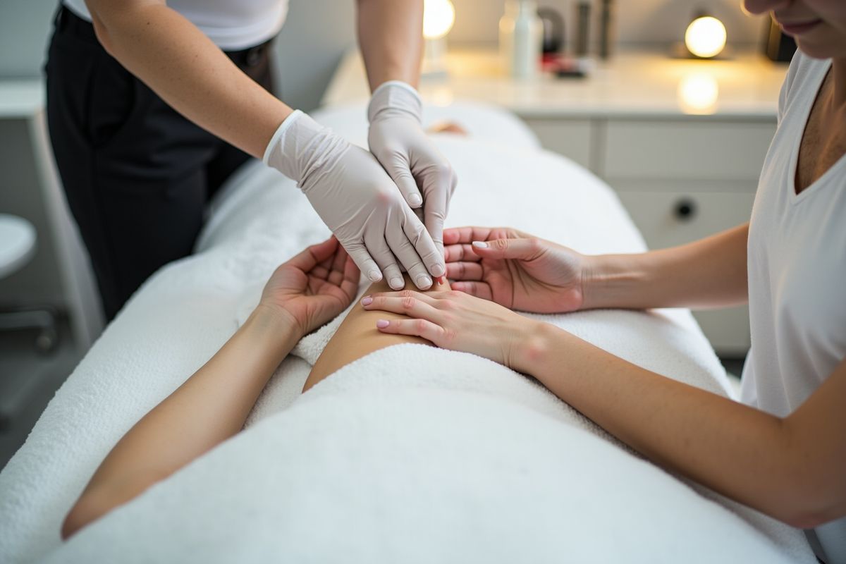 Mains gantées massant les jambes d'une personne allongée sur une table de massage.