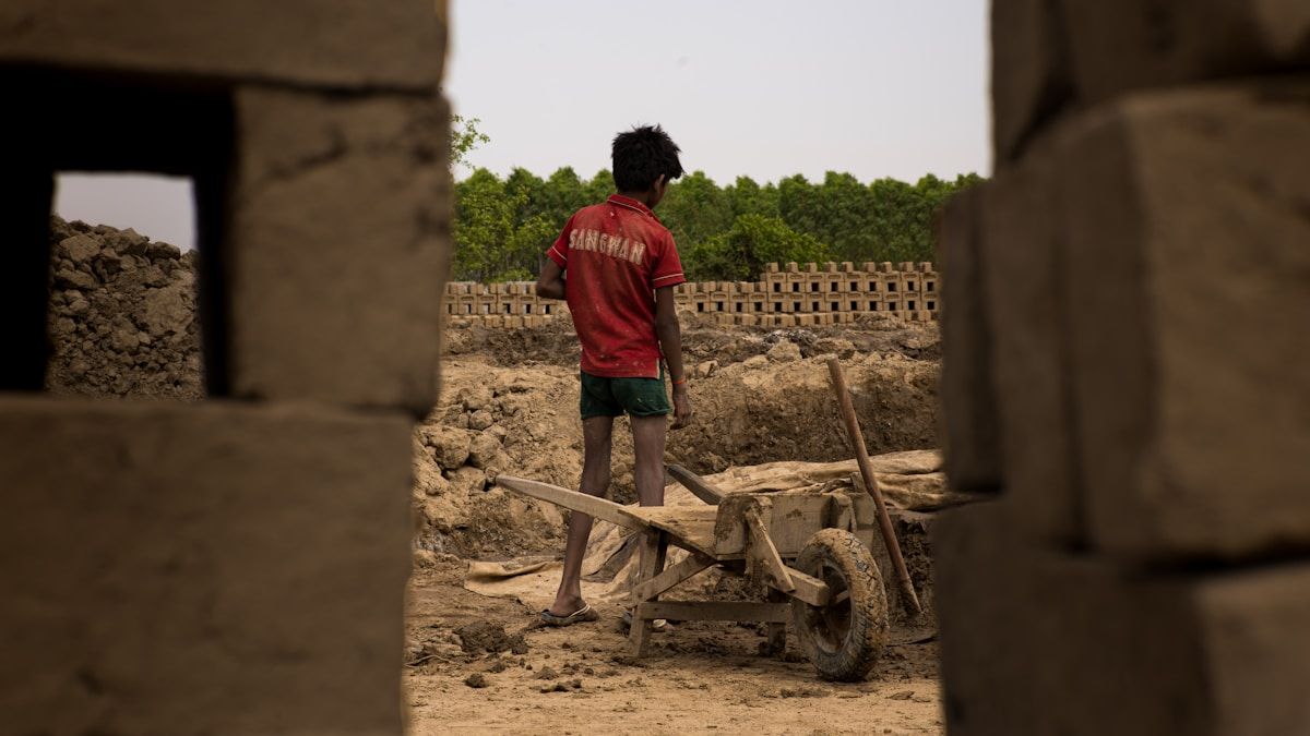 Jeune homme en t-shirt rouge, chariot en bois, chantier de construction.