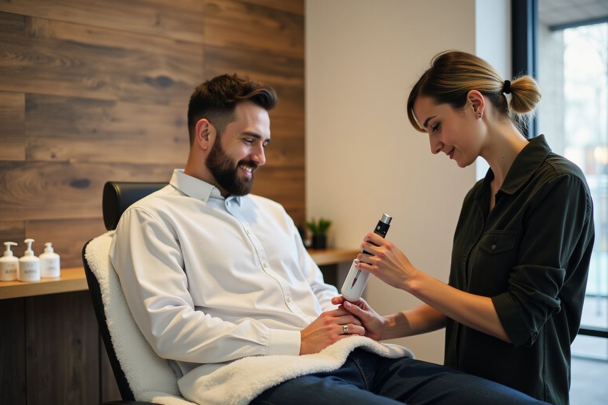 Homme barbu souriant et femme appliquant un produit sur ses mains dans un bureau.