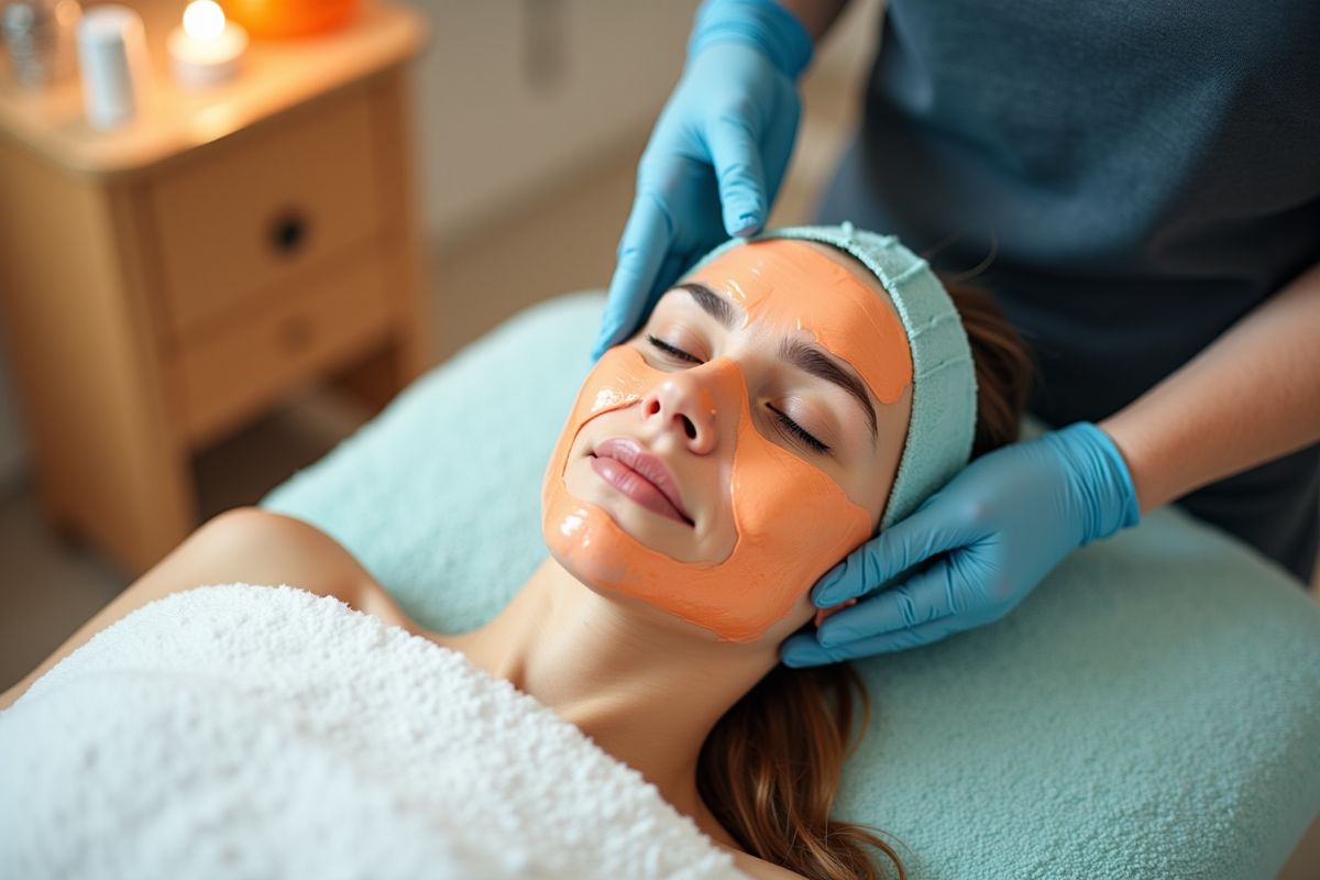 Femme recevant un masque facial orange dans un salon de beauté.