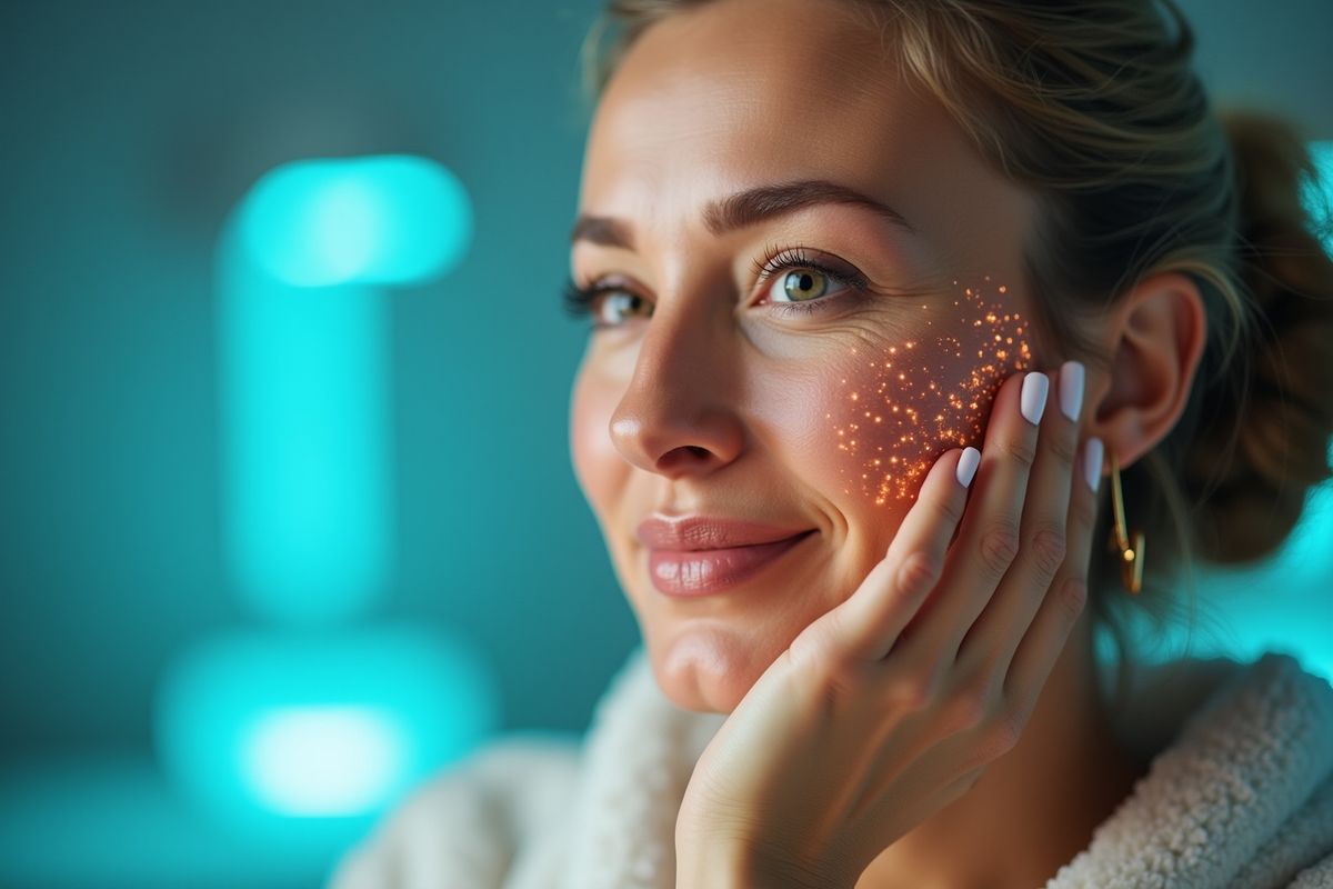 Femme souriante avec des étincelles sur le visage, éclairée par une lumière turquoise.