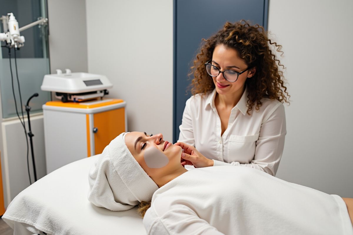 Femme esthéticienne effectuant un traitement facial sur une cliente.