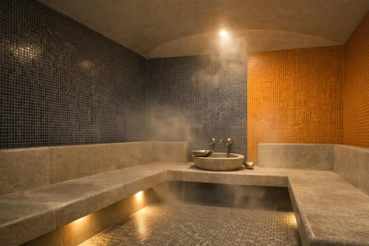 Salle de bain luxueuse avec carrelage sombre et éclairage tamisé.