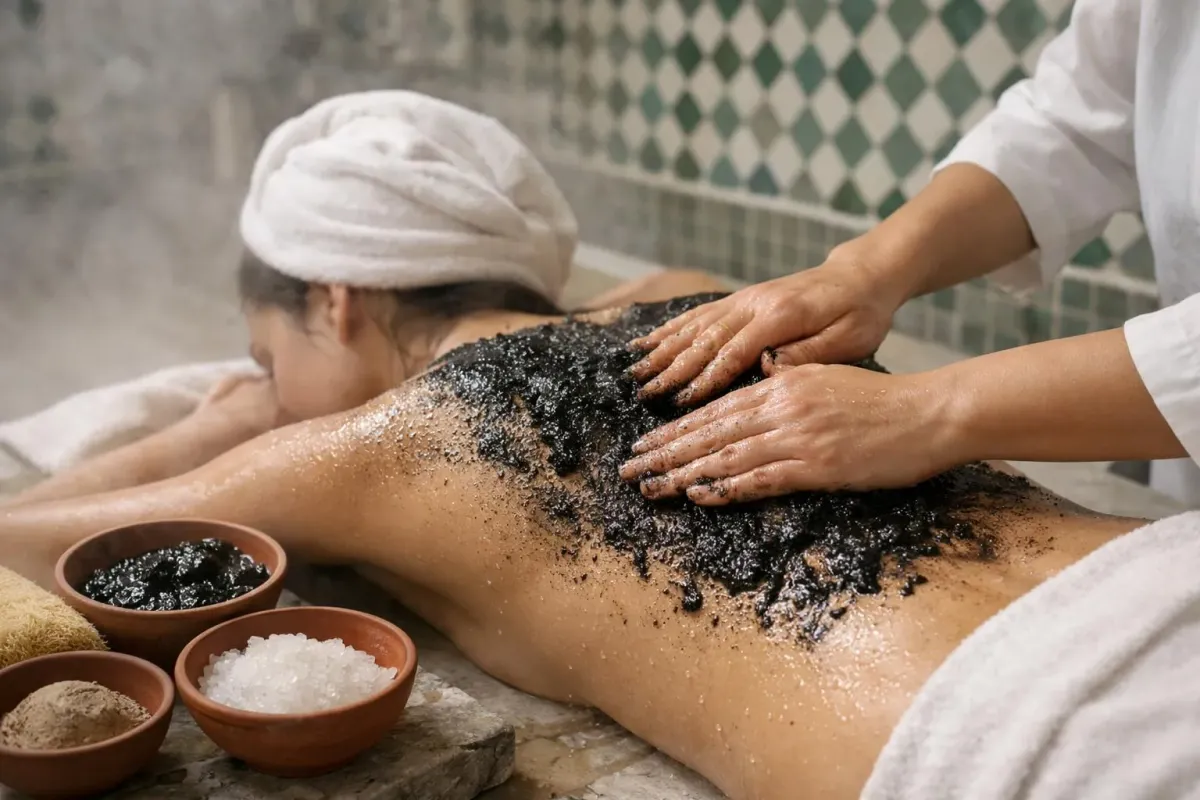 Massage corporel avec un gommage aux grains de café.