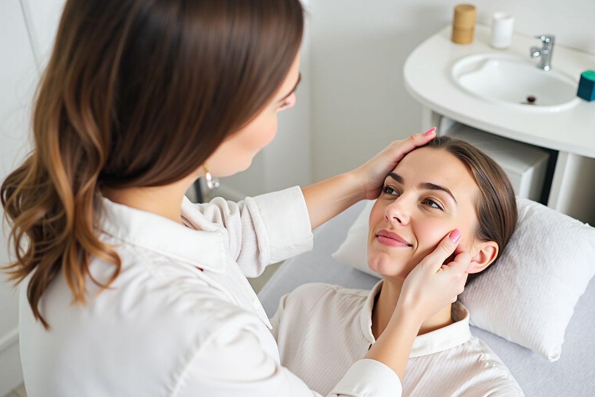 Femme maquillant le visage d'une autre femme dans un salon de beauté.