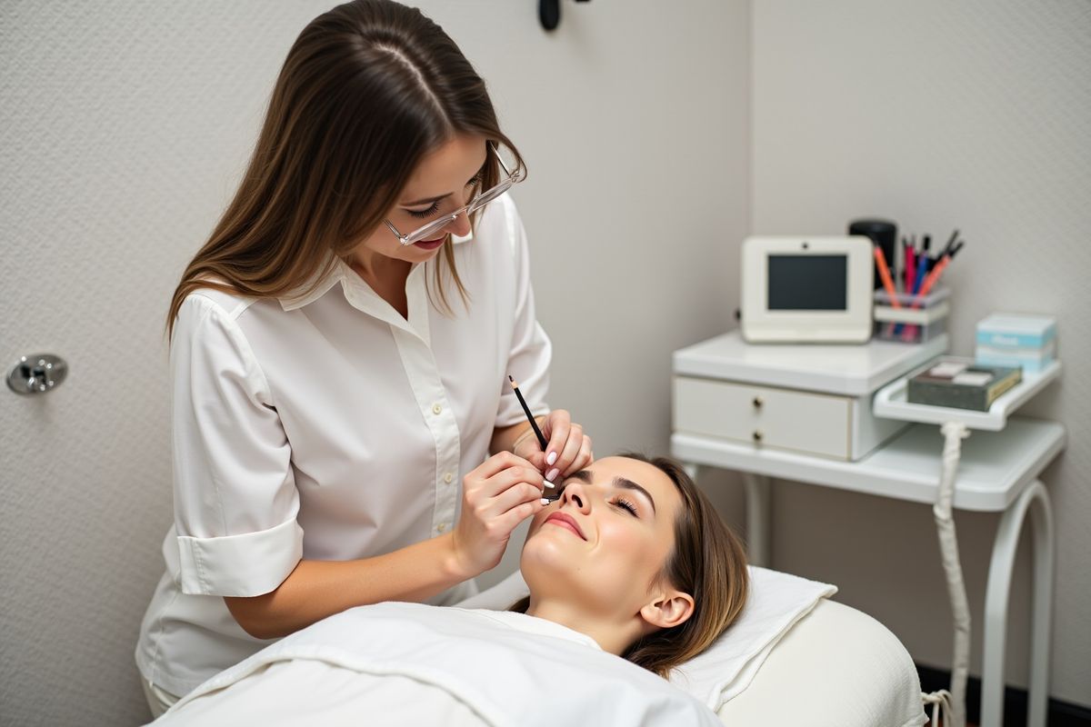 Une femme en blouse blanche applique un traitement cosmétique sur le visage d'une cliente allongée.