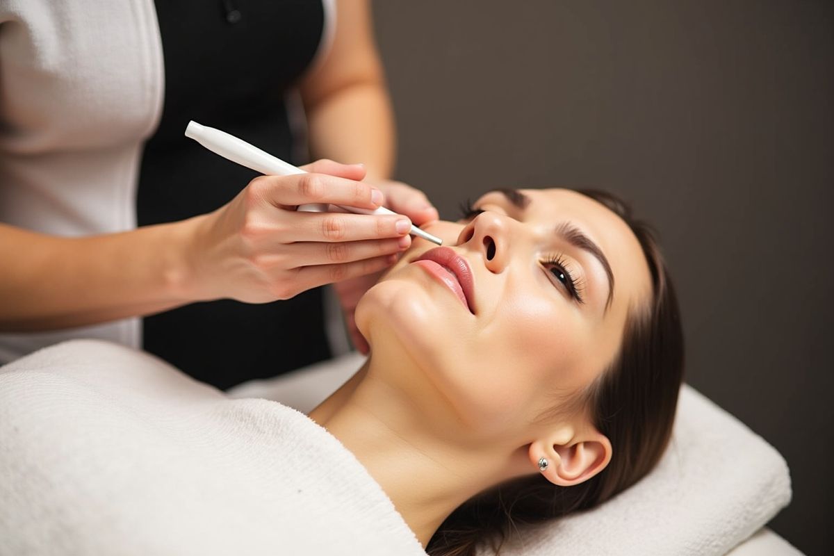 Femme recevant un traitement de beauté au visage dans un salon.
