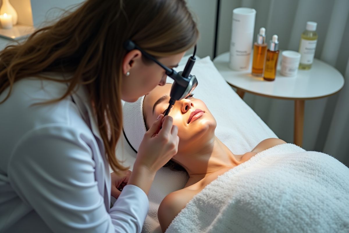 Femme effectuant un traitement de soins de la peau au visage d'une cliente.