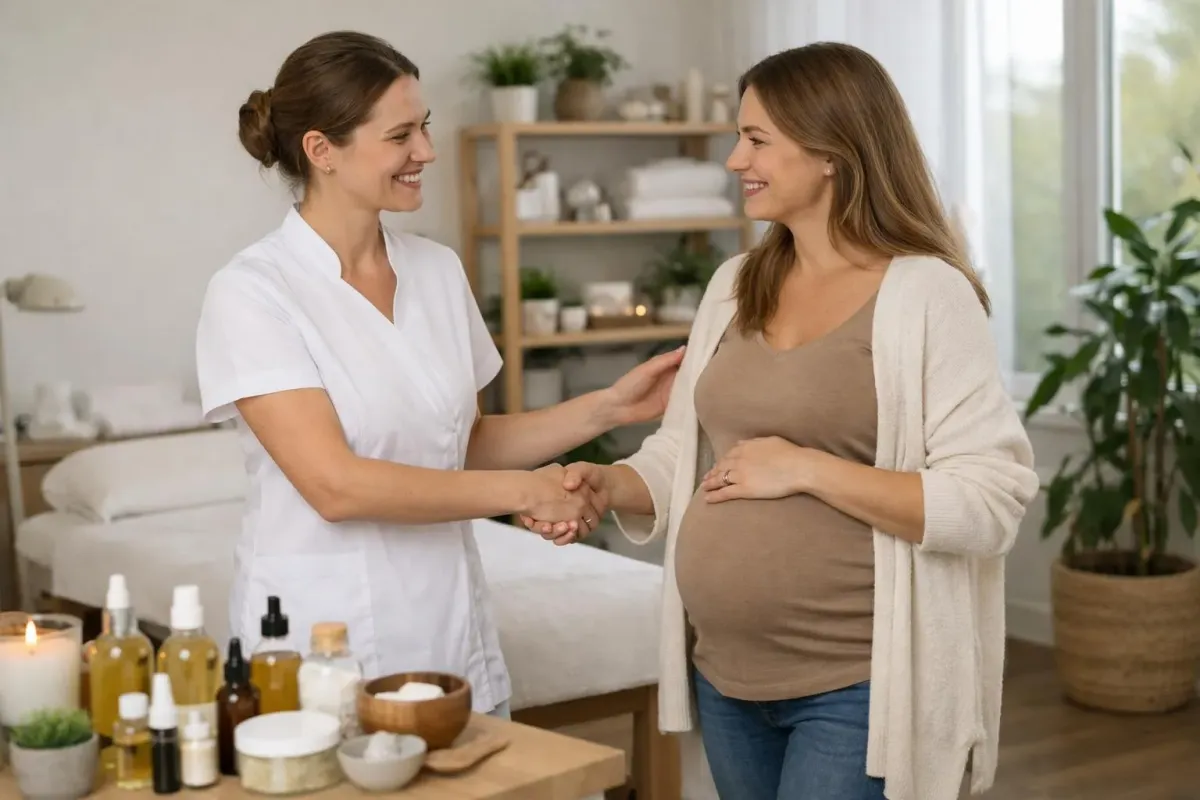 Deux femmes enceintes se serrant la main dans un salon chaleureux.