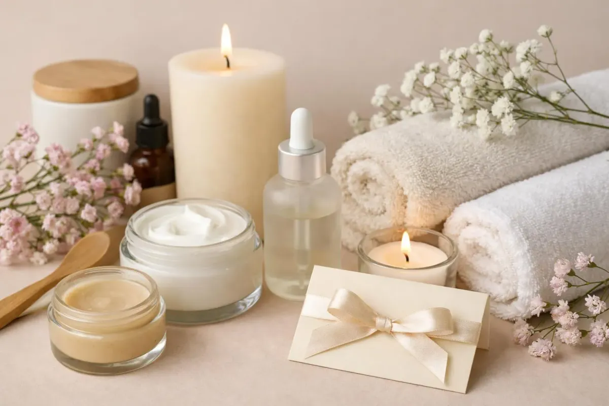 Produits de beauté et de soins, bougies allumées, fleurs blanches, serviettes douces, enveloppe avec ruban.